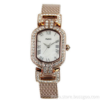 Trendy Western Rose Gold Diamond Ladies' Watch, Stainless Steel Material Case and Mesh Band, 3ATM